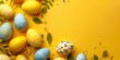 Easter day decoration on a yellow background with copy space.