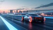 autonomous car on a test track, displaying speed and agility with a city skyline in the background, symbolizing progress and innovation