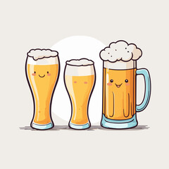 Three cartoon beer glasses with smiling faces, each with a frothy head, radiating a cheerful and playful mood on a plain background.