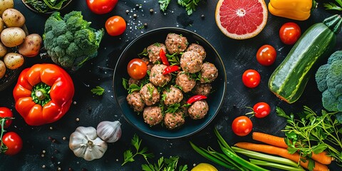 Wall Mural - Vegetarian meatballs in black plates are surrounded by fresh vegetables and fruits on a black table, background.