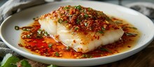 A White Plate Showcases A Flavorful Fish Dish, Covered In A Spicy Fish Sauce Twist, Enhanced By The Fiery Red Chili Sauce.