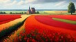 field of flowers and sky, A bright red poppy field under a blue sky