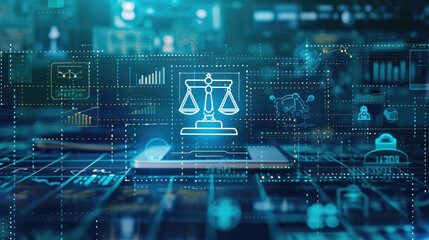 Sticker - Justice and law concept with scales of justice on computer screen .