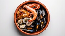 Seafood Extravaganza: Indulge In A Culinary Delight With A Bowl Showcasing An Array Of Fresh Seafood, From Succulent Shrimp To Briny Oysters, Creating A Visual Feast Against A Clean White Background.
