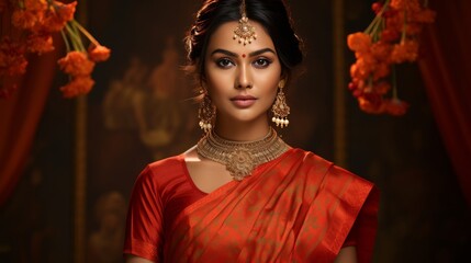 Woman Wearing Red Sari and Gold Jewelry