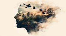 The Double Exposure Combines A Face, A Forest, And Flying Birds. The Concept Of The Unity Of Nature And Man. The Vitality Of The Human Soul In Nature Illustration. Design For Cover Or Interior Design.