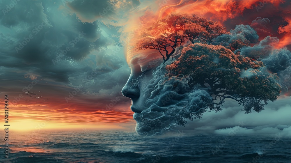 Double exposure combines a woman's face and a seascape with sunset ...