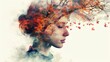 © Login - The double exposure combines a woman's face and a branching tree with yellowed foliage. The concept of the unity of nature and man. The vitality of the human soul in nature illustration. Autumn.