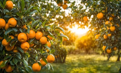 Poster - Abundant orange tree with ripe oranges in focus foreground, garden setting background