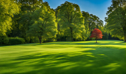 Wall Mural - wide lawn trimmed with precision under a blue sunny sky