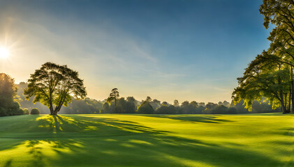 Wall Mural - wide lawn trimmed with precision under a sunset sky