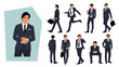 © Creative_Juice_Art - Set of Businessman character in different poses. Handsome young asian man wearing formal suit standing, walking, with phone, briefcase front, back, side view. Vector realistic illustration isolated.