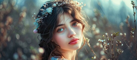 A confident teenage girl rocks a girlish crown made of a wreath of flowers in her hair.