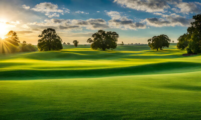 Wall Mural - wide lawn trimmed with precision under a blue sunny sky
