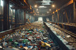 waste processing and sorting plant, sorting and processing for reuse, garbage on a conveyor belt
