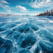 Blue Ice And Cracks Of The Surface Of The Ice With Blue Sky