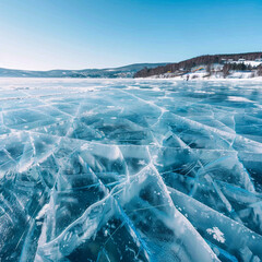 Blue ice and cracks of the surface of the ice with blue sky