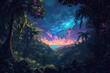 view of the night sky from a lush, alien jungle