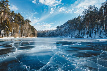 Wall Mural - Blue ice and cracks of the surface of the ice with blue sky