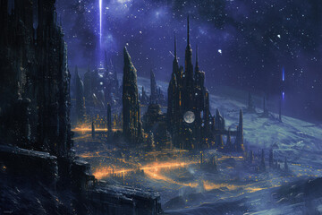 Sticker - view of an alien cityscape under a starry sky.