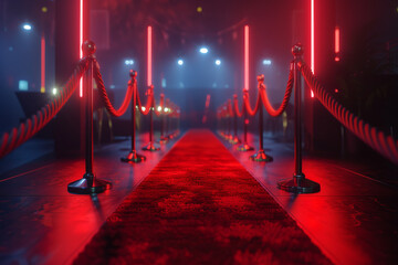 Red carpet and rope barriers in a room lit in red
