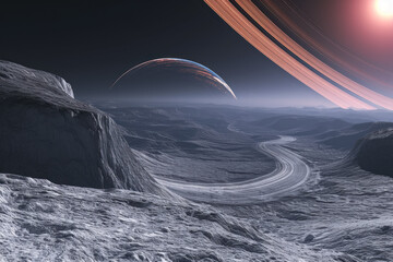 Wall Mural - panoramic view of a ringed gas giant from one of its moons