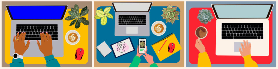 Female hands working on laptop at desk top view. Working, chatting, communication, surfing internet, working online, watching video, shopping. Colorful cartoon flat vector illustrations.