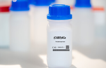 Sticker - (C6H5)4Ge tetraphenylgermane CAS 1048-05-1 chemical substance in white plastic laboratory packaging