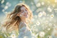 Beautiful Woman Dances In Spring Flowers, Spring Nature