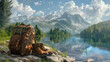 An illustration featuring a backpack and hiking boots placed on the shore of a lake, with majestic mountains in the background. The concept of hiking and travel adventures.