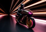 Fototapeta Przestrzenne - Against the backdrop of a nighttime cityscape, a racing motorcycle blazes down the speedway, amidst the glow of neon lights.