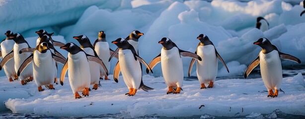 Wall Mural - penguins in antarctica congregate on icy shores, forming a captivating tableau against the vast, fro