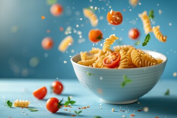 Bowl with a dish of pasta and tomatoes levitating in the air on blue background