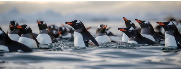 Wall Mural - amidst the icy expanse of antarctica, penguins gather on the ice, creating a scene of natural wonder