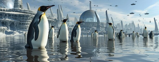 Wall Mural - amidst the icy expanse of antarctica, penguins gather on the ice, creating a scene of natural wonder