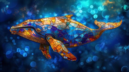 Wall Mural - Stained glass window background with colorful Whale abstract