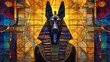 Stained glass window background with colorful Anubis abstract.