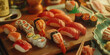 plates of sushi, maki and sashimi in a japanese restaurant, culinary experience, asian cuisine