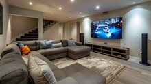 A contemporary TV lounge with a sectional sofa featuring built in USB charging ports and cup holders
