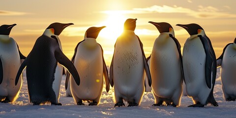 Wall Mural - in the pristine wilderness of antarctica, penguins huddle together on the ice, resilient against the