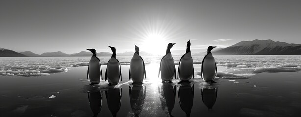 Wall Mural - in the pristine wilderness of antarctica, penguins huddle together on the ice, resilient against the