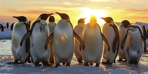 Wall Mural - in the pristine wilderness of antarctica, penguins huddle together on the ice, resilient against the
