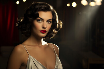 Model with a classic hollywood glamour look set in a studio resembling old movie sets made with generative AI