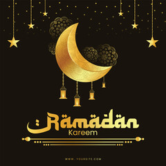 Wall Mural - ramadan kareem wishing post with mandala and lantern, moon, stars vector design