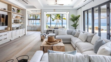 Wall Mural - a contemporary coastal living room with a sectional sofa, ocean views, and beach inspired decor