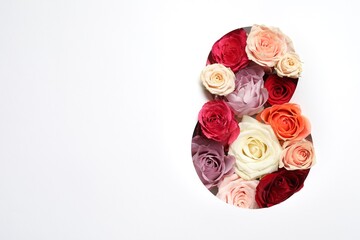 8 March greeting card design with roses and space for text, top view. Happy International Women's Day