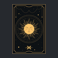 Wall Mural - Golden Tarot card with a magical sun. Tarot symbolism. Mystery, astrology, esoteric. Vector illustration