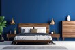 modern bedroom with a wood bed and blue walls