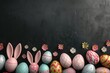 Happy Easter Eggs border space. Bunny hopping in flower decorative clocks decoration. Adorable hare 3d bunny hair accessories rabbit illustration. Holy week color wheel card depth of field