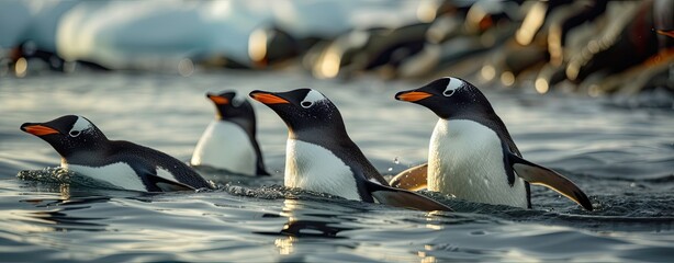 Wall Mural - penguins dot the icy landscape of antarctica, coming together on the frozen expanse, a testament to 